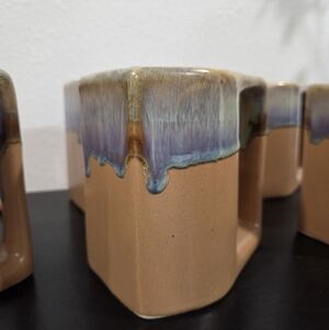 RODOLFO PADILLA Stoneware Mugs Blue Tan Drip Glaze Set 6 MCM Southwest signed